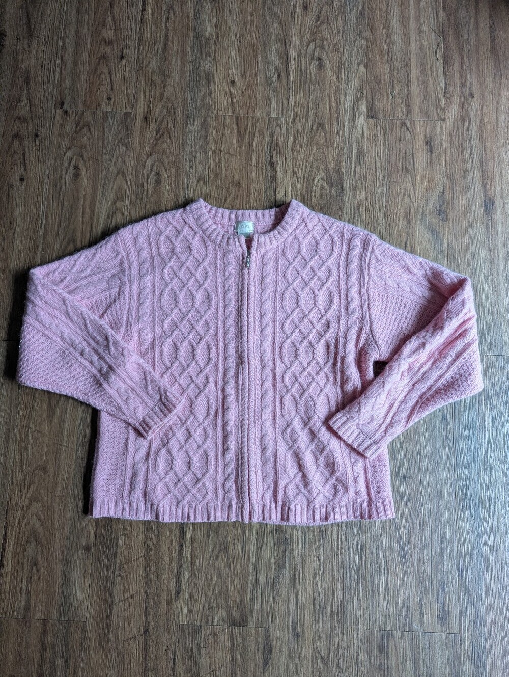 Wool Women’s Pink Cable Knit Zip-Front Sweater Sz M